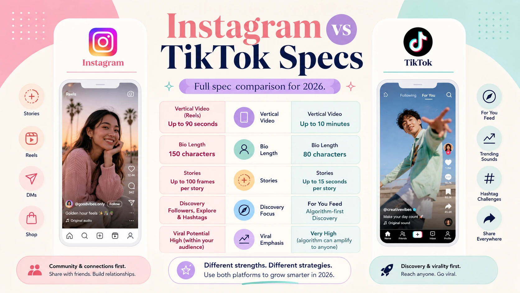 Diagram showing the UI safe zones on Instagram Reels versus TikTok video