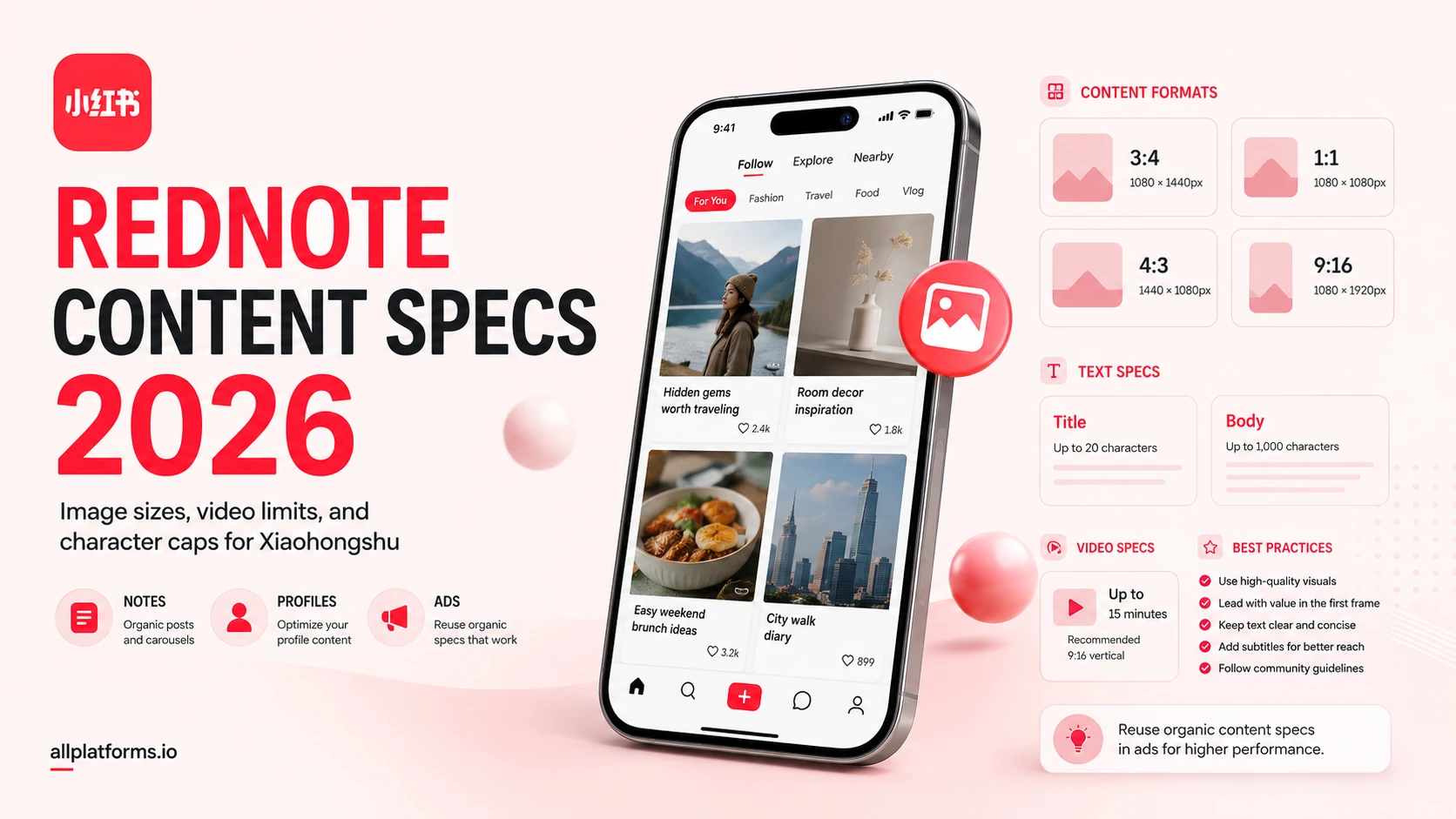 RedNote Content Specs 2026 guide cover with the RedNote app icon and tagline about image sizes, video limits, and character caps