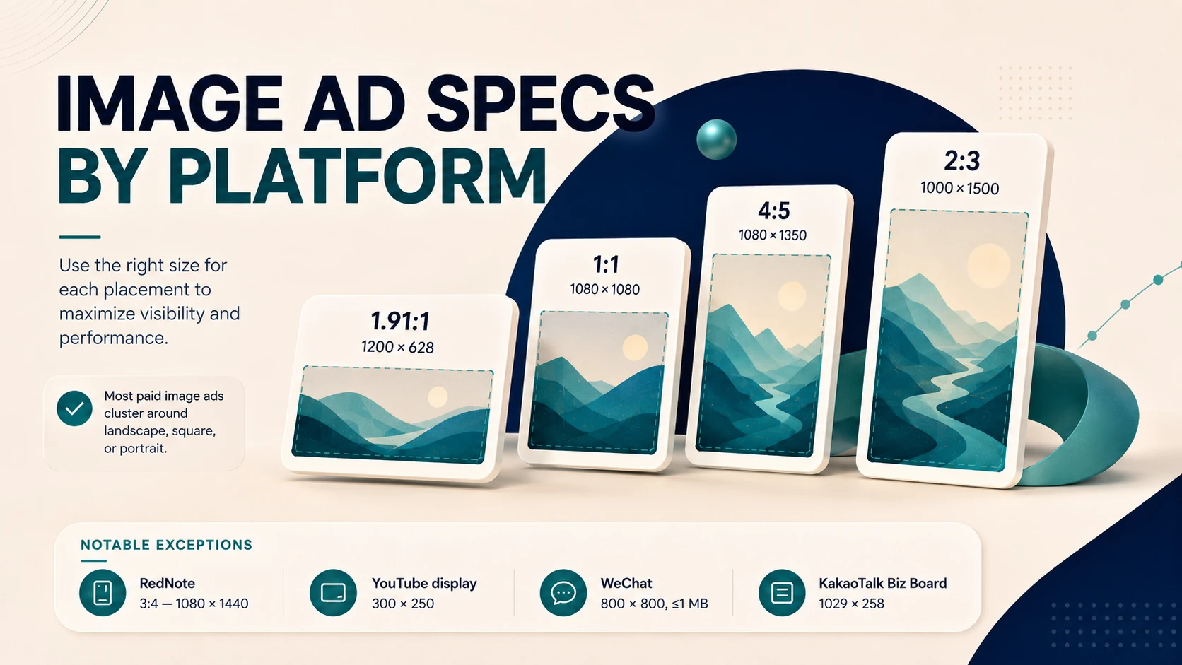 Image ad specs by platform showing 1.91:1, 1:1, 4:5, and 2:3 aspect ratios, plus notable exceptions for RedNote, YouTube, WeChat, and KakaoTalk