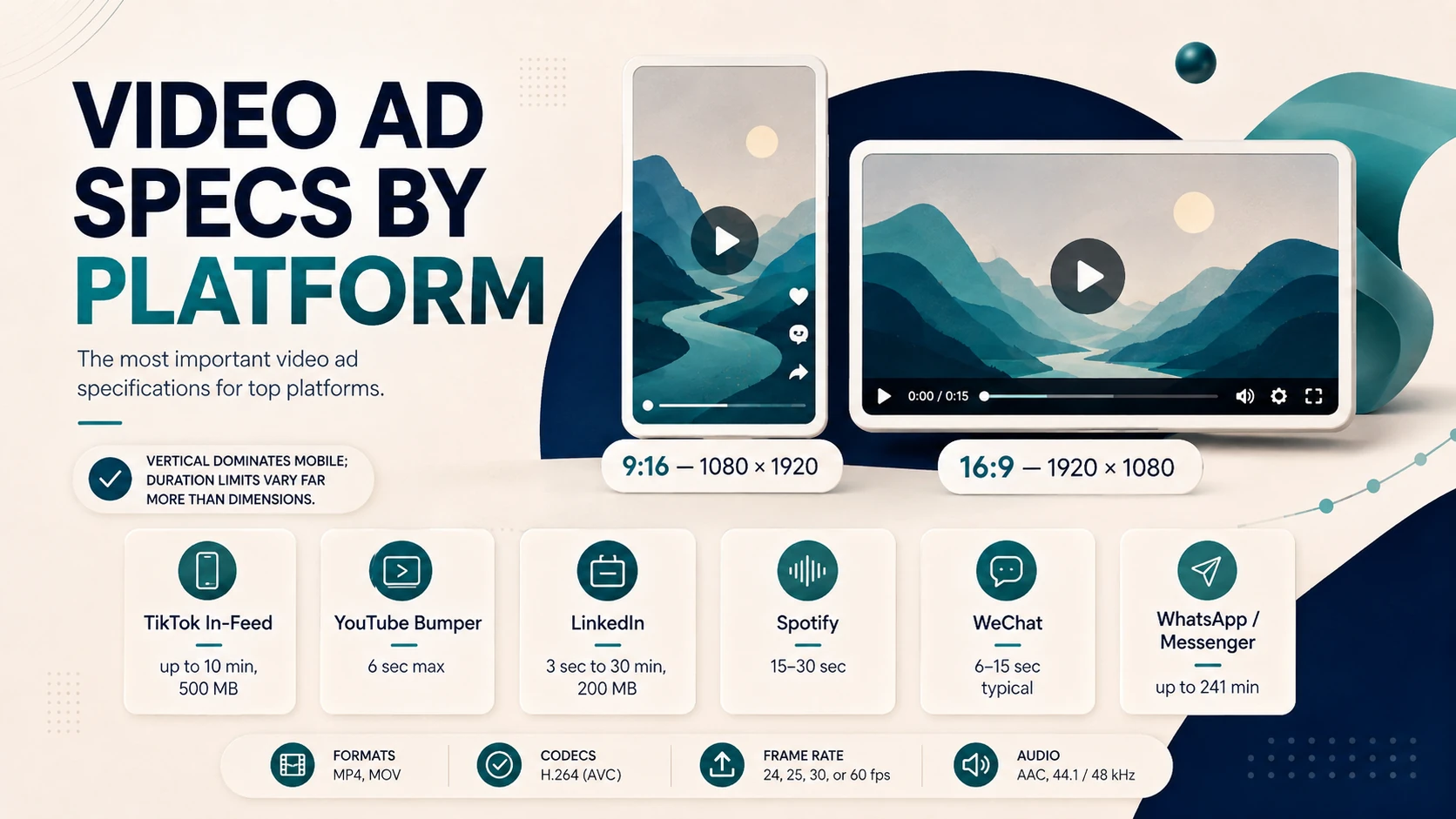 Video ad specs by platform comparing 9:16 vertical and 16:9 horizontal formats, with duration limits for TikTok, YouTube, LinkedIn, Spotify, WeChat, and WhatsApp/Messenger