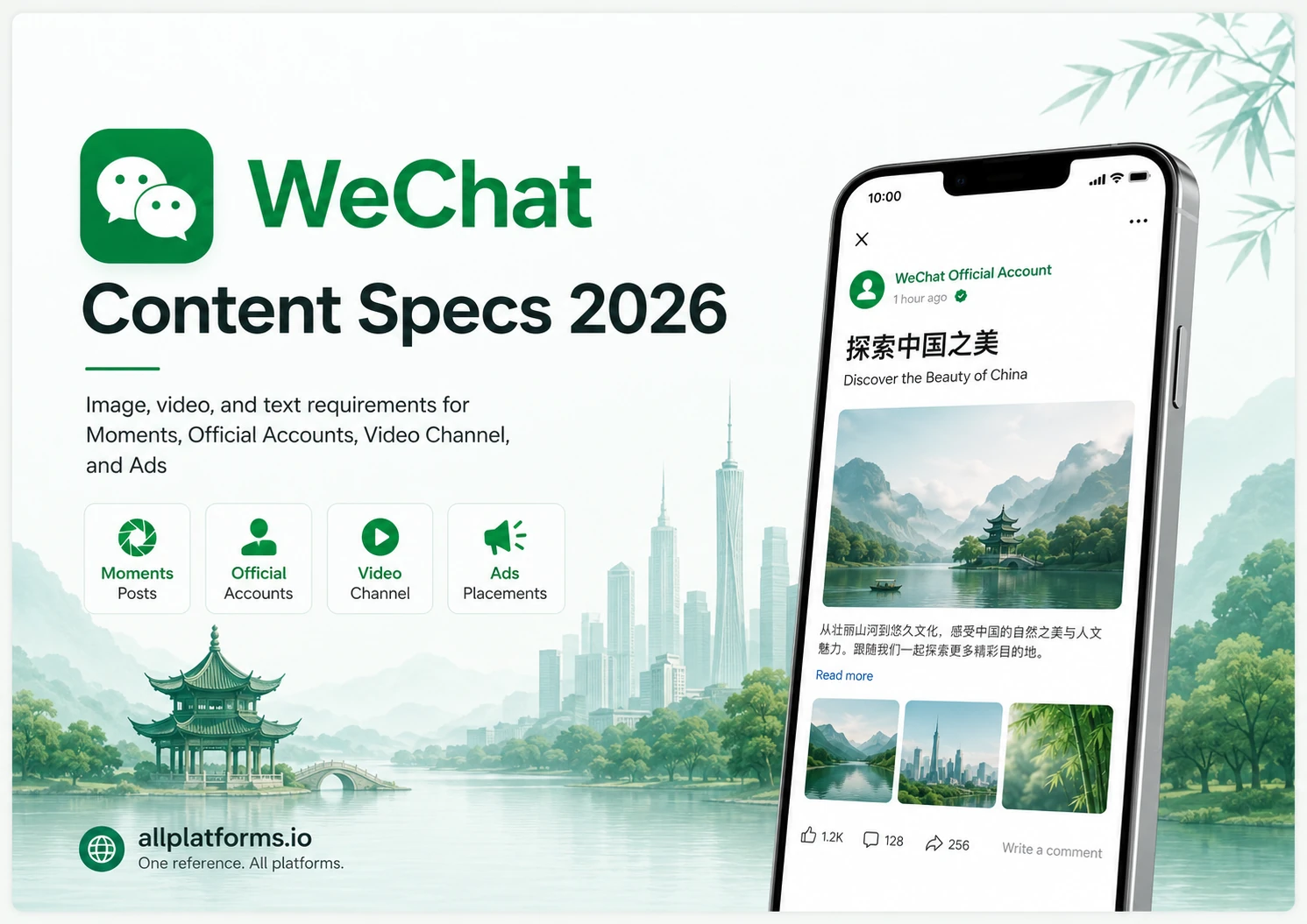 WeChat Content Specs 2026 overview showing Moments, Official Accounts, Video Channel and Moments Ads surfaces with phone mockup
