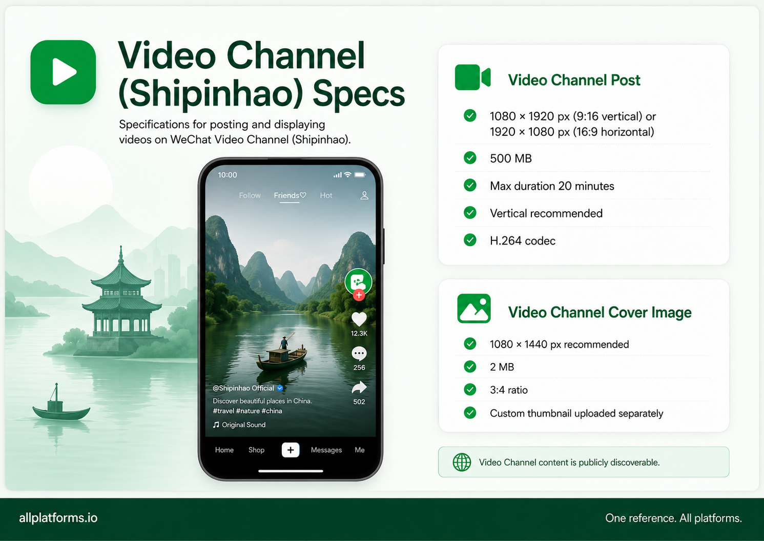 WeChat Video Channel (Shipinhao) feed showing a vertical travel video with spec callouts for resolution, file size, and duration