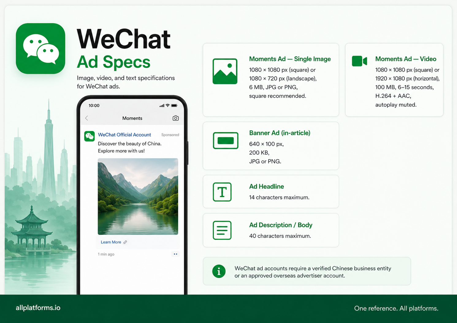 WeChat Moments Ad placement in the social feed with spec callouts for single image ad, video ad, banner ad, headline limit, and description limit