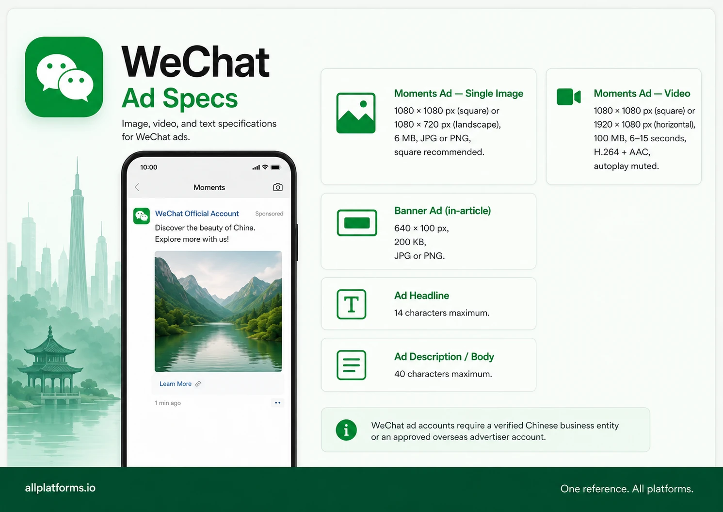 WeChat Moments Ad placement in the social feed with spec callouts for single image ad, video ad, banner ad, headline limit, and description limit